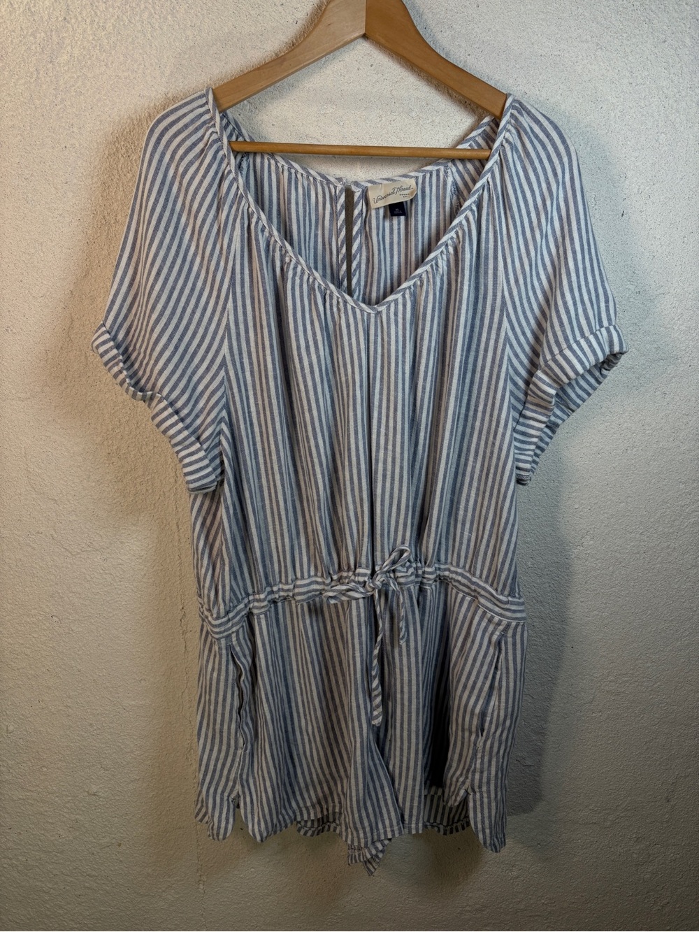 Universal Thread Linen Blend Striped Romper XL Blue White Coastal Beach Vacation